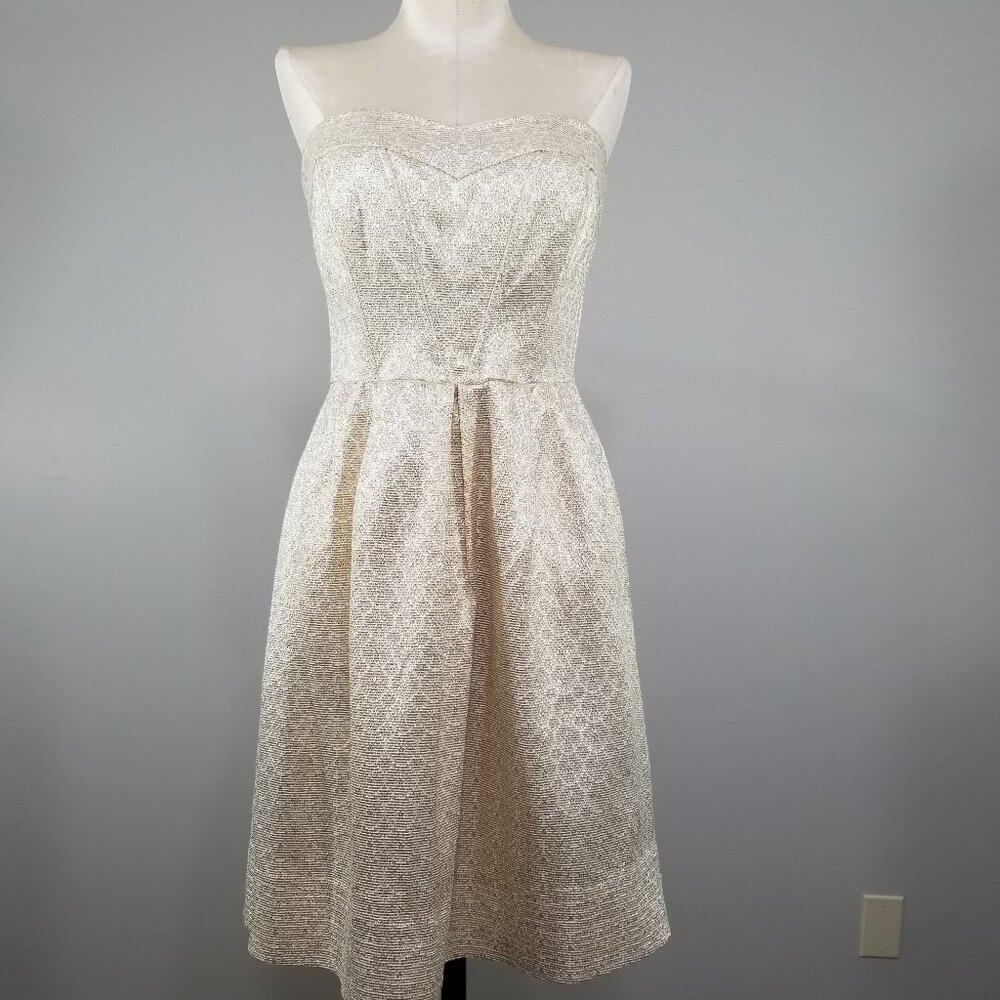 Vintage Shoshanna Womens 0 Strapless Gold Metallic Mini Party Dress Pockets Zip